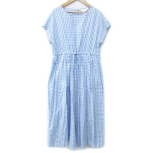 ワンピース ドレス ニューギンガム チェック フレア ロング マキシ 半袖 切替 リボン 38 M 白