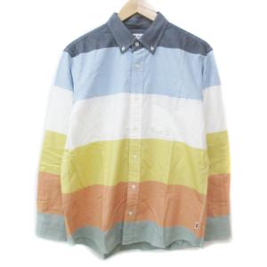 カジュアルシャツ 長袖 ボタンダウン マルチボーダー柄 L 白 水色 ホワイト ライトブルー /FF35