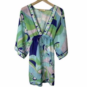 ワンピース 半袖 Vネック 総柄 マルチカラー 36