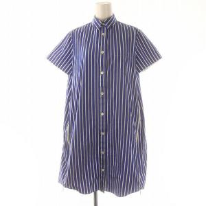 サイドジップ ストライプ シャツワンピース 膝丈 半袖 1 青 白 ブルー ホワイト 18-03618