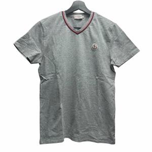 Vネック Tシャツ 半袖 カットソー  ライン ロゴ ワッペン ワンポイント M 灰色 グレー AA