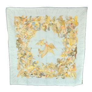 HERMES カレ90 侵入者 L'intrus 大判スカーフ 鳥柄 シルク ライトブルー