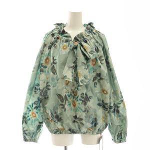 24SS ブラードフラワープリント ネックギャザーブラウス 36 グリーン