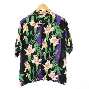 RAYON HAWAIIAN SHIRT レーヨン ハワイアンシャツ アロハシャツ 半袖 花柄 L ブラック