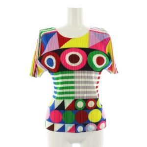 イッセイミヤケ 幾何学柄 カットソー 総柄 プリーツ 3 マルチカラー