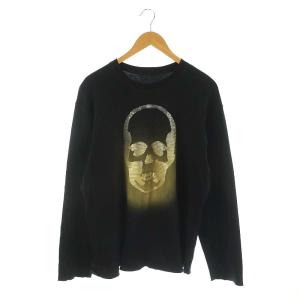 スパンコールスカルカットソー Tシャツ 長袖 XXL 黒 ブラック ゴールド色 /MI OS