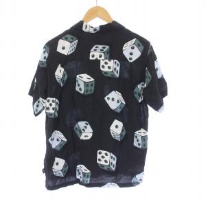 STUSSY DICE PATTERN S/S SHIRT アロハシャツ オープンカラー 半袖 総柄 S 黒 ブラック