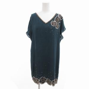 ノースリーブワンピース ひざ丈 ビーズ 絹 シルク 36 緑 グリーン /UD