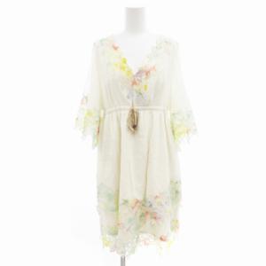 ワンピース ひざ丈 花柄 麻 リネン混 半袖 38 白 ホワイト /UD