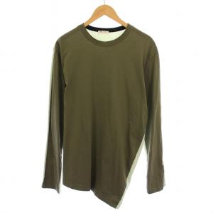 Tシャツ ロンT 長袖 クルーネック アシンメトリー 切替 ロゴ 46 カーキ 緑 グリーン /BB