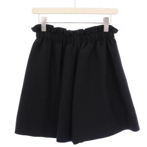 ショートパンツ イージー ギャザー ウエストゴム フリル ストレッチ ウール シルク混 S 黒 ブラック