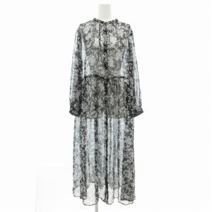 シアーシャツワンピース ロング 長袖 花柄 バンドカラー 絹 シルク LL 黒 ブラック 12961-04818