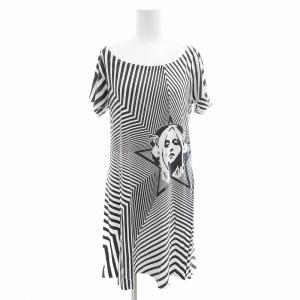 ワンピース カットソー 総柄 ボートネック 半袖 ひざ丈 F 白 ホワイト 黒 ブラック /AE