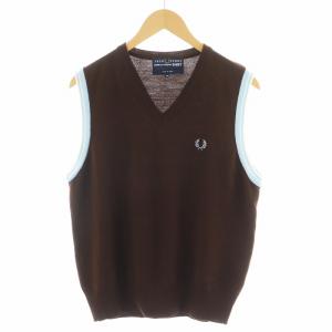 × フレッドペリー FRED PERRY ニットベスト ロゴ刺繍 M 茶 ブラウン 水色 ライトブルー