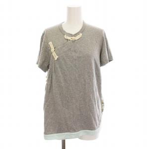 AD2020 リトルチャイナgirl切り替え Tシャツ カットソー 総柄 半袖 S グレー 水色 TG-T018