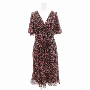 美品 ワンピース カシュクール 花柄 半袖 ミモレ ロング 6 L 黒 ブラック /AE