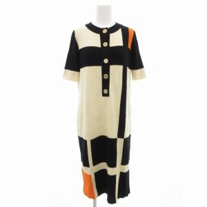 ニットワンピース 半袖 ひざ丈 ハーフボタン M 黒 ブラック ベージュ /GV