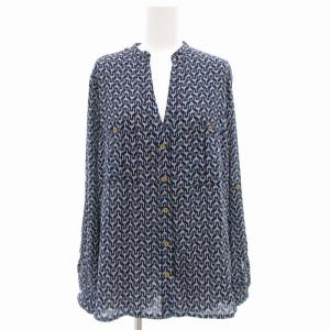 タグ付き キーネックシャツ ブラウス 長袖 総柄 紺 ネイビー /GV