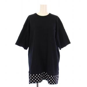 Tシャツ カットソー 半袖 クルーネック チュニック丈 切替 水玉柄 ドット柄 M 黒 ブラック /BB