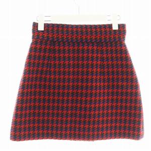 GUCCI インターロッキングG 台形スカート 千鳥格子柄 ボックスプリーツ 38 レッド ブラック