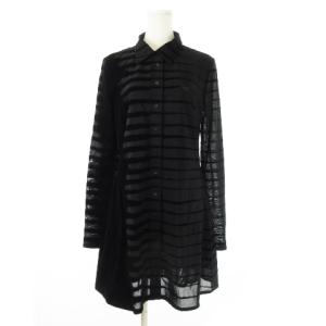 シャツワンピース 透け感 ニット 長袖 ひざ丈 フロッキー加工 Dロゴ ボーダー M 黒 ブラック /CK23