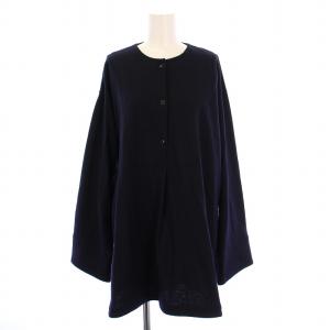 シャツ ブラウス 長袖 クルーネック ハーフボタン ストレッチ 無地 ウール M 紺 ネイビー /BB