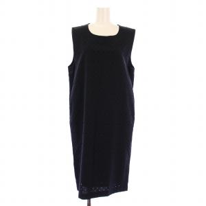 タイトワンピース ひざ丈 ノースリーブ クルーネック ウール M 紺 ネイビー /BB