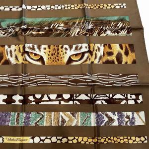 Salvatore Ferragamo スカーフ シルク アニマル柄 茶 ブラウン AA