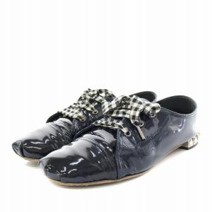 レースアップシューズ パンプス ローヒール エナメル ビジュー 38 紺 ネイビー /YT D