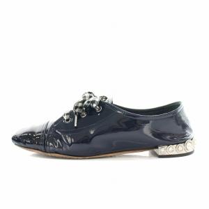 miumiu レースアップシューズ パンプス ローヒール エナメル ビジュー 38 紺 ネイビー /YT D
