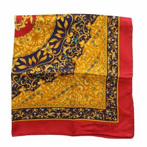 Christian Dior スカーフ 絹 シルク ロゴ 総柄 赤 レッド ゴールド色 /XZ OH GY18