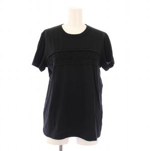 クラウンTシャツ カットソー 半袖 クルーネック 花柄 刺繍 切替 ストレッチ M 黒 ブラック TO-T046