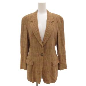白タグ テーラードジャケット 背抜き シングル チェック柄 麻 リネン 40 M 茶 ブラウン /AE