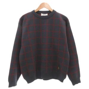 ヴィンテージ ニット セーター クルーネック チェック柄 長袖 S ダークグレー /AE GY47