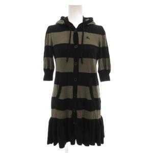 カーディガン ニット フード ボーダー フリル 5分袖 38 S カーキ 黒 ブラック /AE GY47