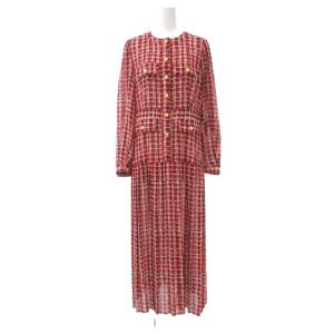 美品 ツイードプリントワンピース 38 レッド 赤 金ボタン 31142-00 /IU