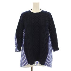 ウールニットプルオーバー 長袖 ケーブル ドッキング シャツ ドルマンスリーブ ストライプ柄 1 紺 ネイビー