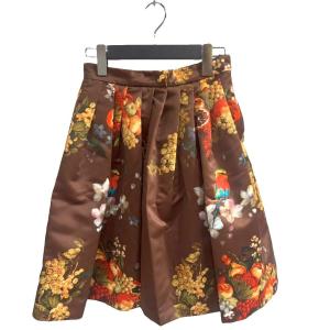 タグ付き スカート ひざ丈 タック フレア 花柄 38 茶 ブラウン TC