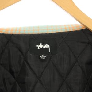 STUSSY ステンカラージャケット チェック 裏地キルティング L 緑 オレンジ /KH
