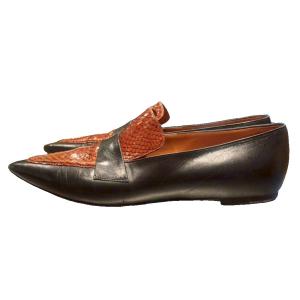 CELINE ローファー ポインテッドトゥ レザー 37.5 黒 ブラック 茶 ブラウン