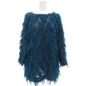 美品 シャギーニット プリーツ カットソー ブラウス シアー シースルー 長袖 青系 /UO GY17